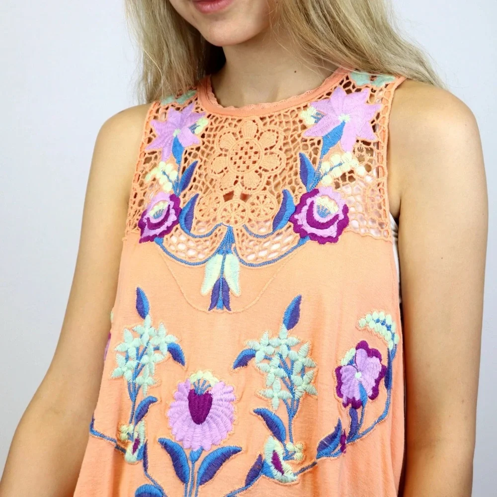 Free People Coral Crochet Neck Floral Embroidered Sleeveless Top